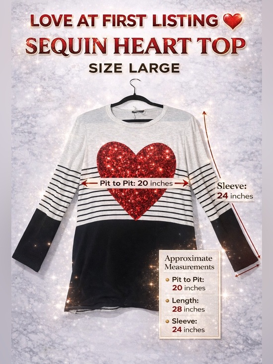 Tops - Sequin Heart Top Size Large | Statement Graphic Shirt | Cute Casual Sparkle Tee